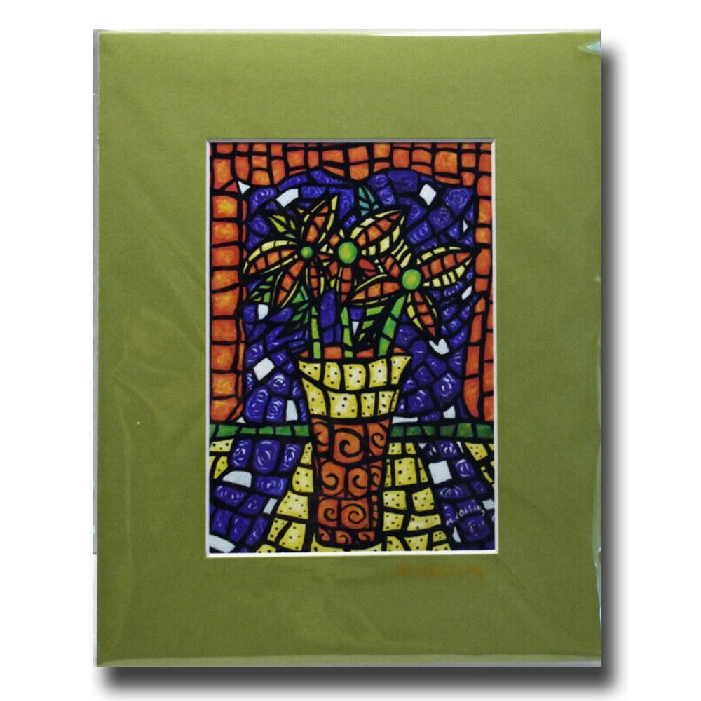 Colorful Matted Abstract Art Print Flowers Artist Signed